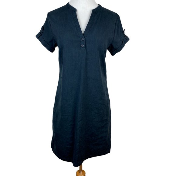 Fig Dress S Charcoal Linen Lyocell Shift‎ Short Sleeve Mini Stretch V-Neck - Picture 1 of 11